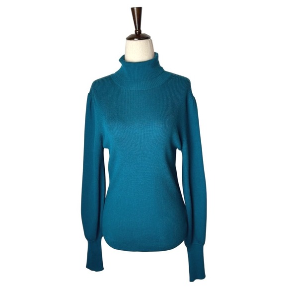 J Crew Sweater Women Small Teal Blue Merino Wool Puff Sleeve Turtleneck Preppy - Picture 1 of 9